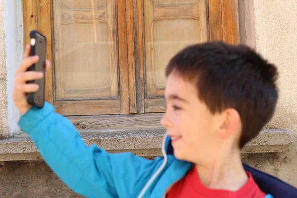 Outdoor Portrait Cute Child Boy Making Selfie Phone Outdoors — Stock Photo, Image