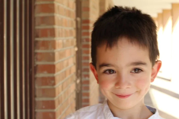 Closeup Portrait Cute Little Boy Standing Brick Wall Background — 스톡 사진