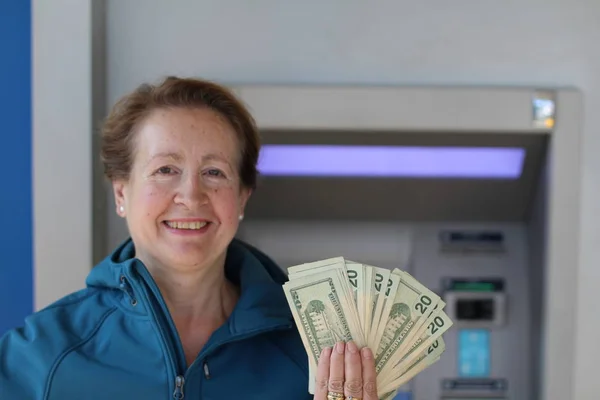 Happy Lady Showing Her Money Atm — Stock Photo, Image