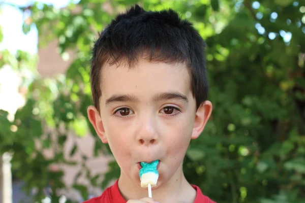 Cute Little Boy Eating Candy Park Daytime — 스톡 사진