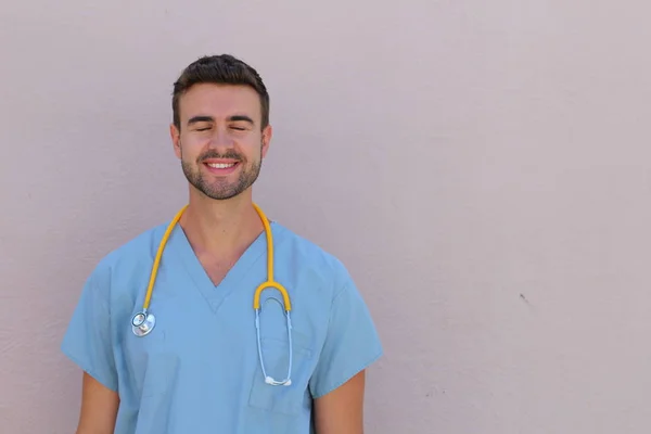 Portrait Young Male Nurse Stethoscope Smiling Copy Space — 스톡 사진