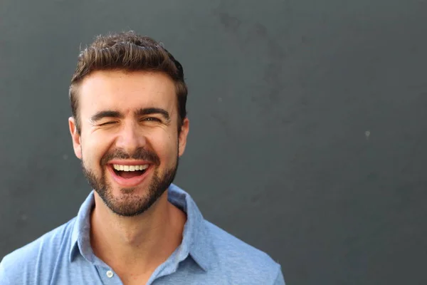 Portrait Cute Man Blue Polo Shirt Standing Grey Background — Stock Photo, Image