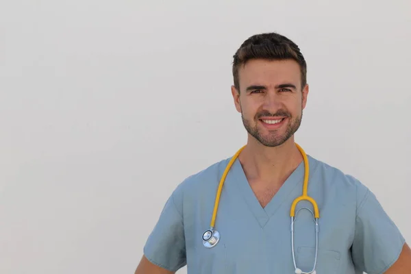 Portrait Young Male Nurse Stethoscope Smiling Copy Space — 스톡 사진