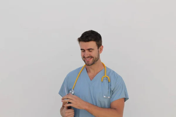 Portrait Young Male Nurse Stethoscope Smiling Copy Space — 스톡 사진