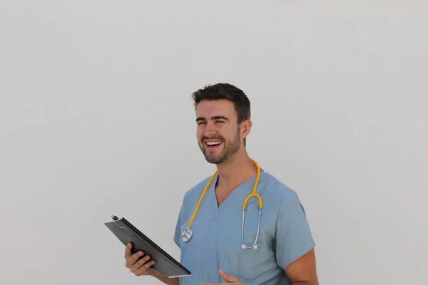 Portrait Young Male Nurse Stethoscope Smiling Copy Space — 스톡 사진