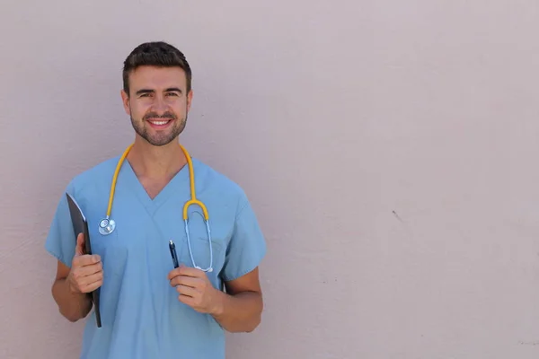 Portrait Young Male Nurse Stethoscope Smiling Copy Space — 스톡 사진