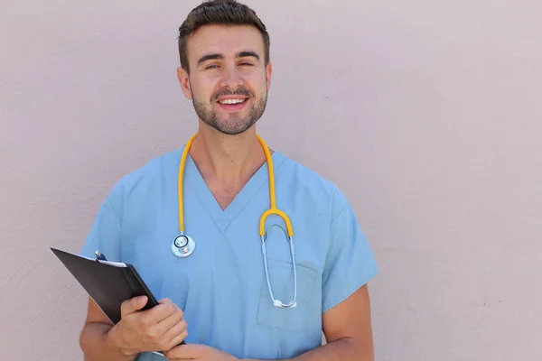 Portrait Young Male Nurse Stethoscope Smiling Copy Space — 스톡 사진