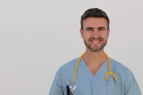 Portrait Young Male Nurse Stethoscope Smiling Copy Space — 스톡 사진