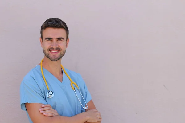 Portrait Young Male Nurse Stethoscope Smiling Copy Space — 스톡 사진