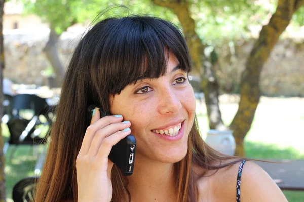 Portrait Beauty Brunette Woman Sitting Cafe Talking Phone Summer Park — Stok fotoğraf