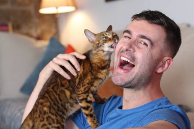 Egzotik kedi yakışıklı sahibiyle oynuyor.