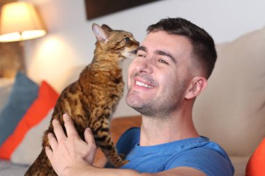 Egzotik kedi yakışıklı sahibiyle oynuyor.