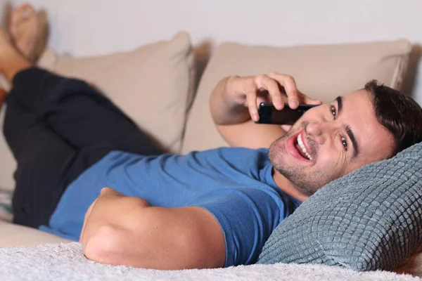 Man Calling Phone Sofa — Stock Photo, Image