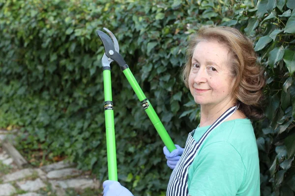 Ritratto Ravvicinato Bella Donna Matura Che Taglia Cespugli Giardino — Foto Stock