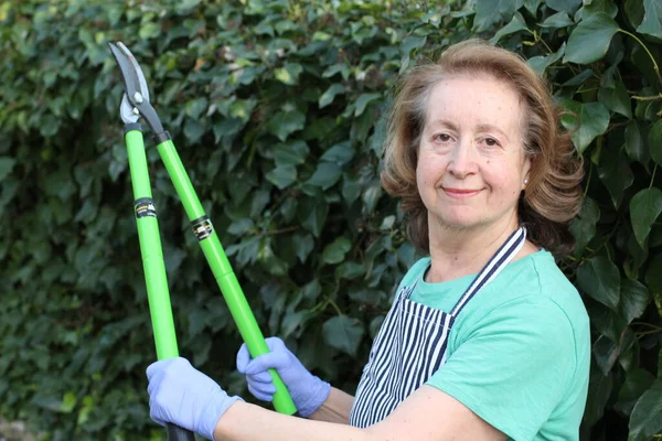 Ritratto Ravvicinato Bella Donna Matura Che Taglia Cespugli Giardino — Foto Stock