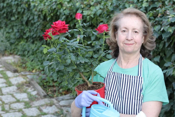 Ritratto Ravvicinato Bella Donna Matura Che Annaffia Piante Giardino — Foto Stock