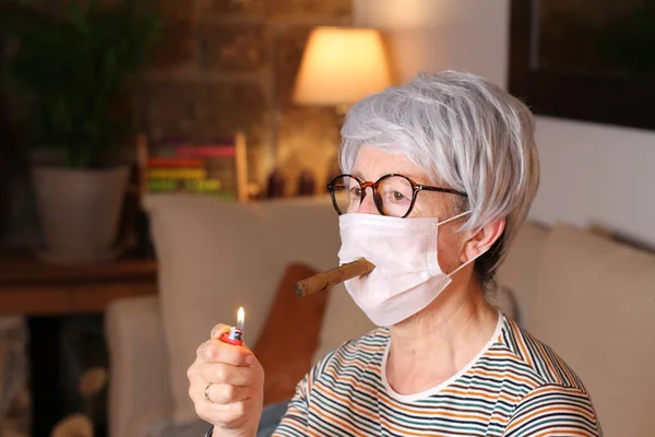 Senior Woman Smoking Home Quarantine — Stock Photo, Image
