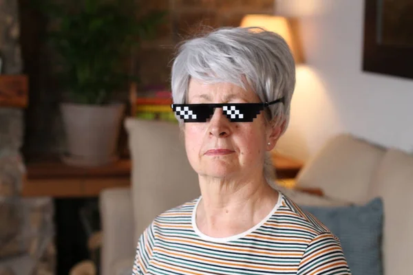 Senior Woman Pixel Glasses Sitting Home Quarantine — Stock Photo, Image