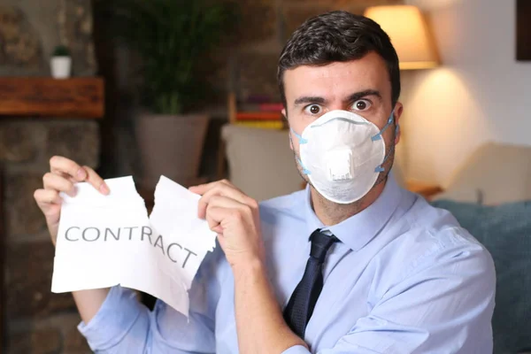 Close Portrait Handsome Young Businessman Medical Protective Mask Tearing Paper — Stock Photo, Image