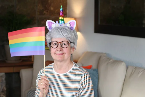 Senior Woman Holding Rainbow Flag — Stock Photo, Image