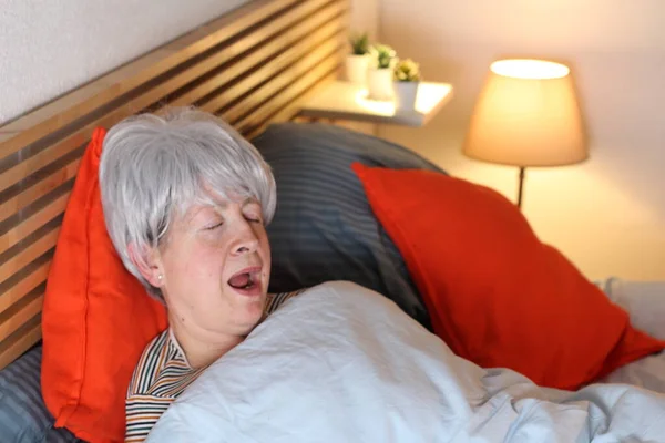 Mature Grey Haired Woman Sleeping Bed Self Isolation Home — Stock Photo, Image