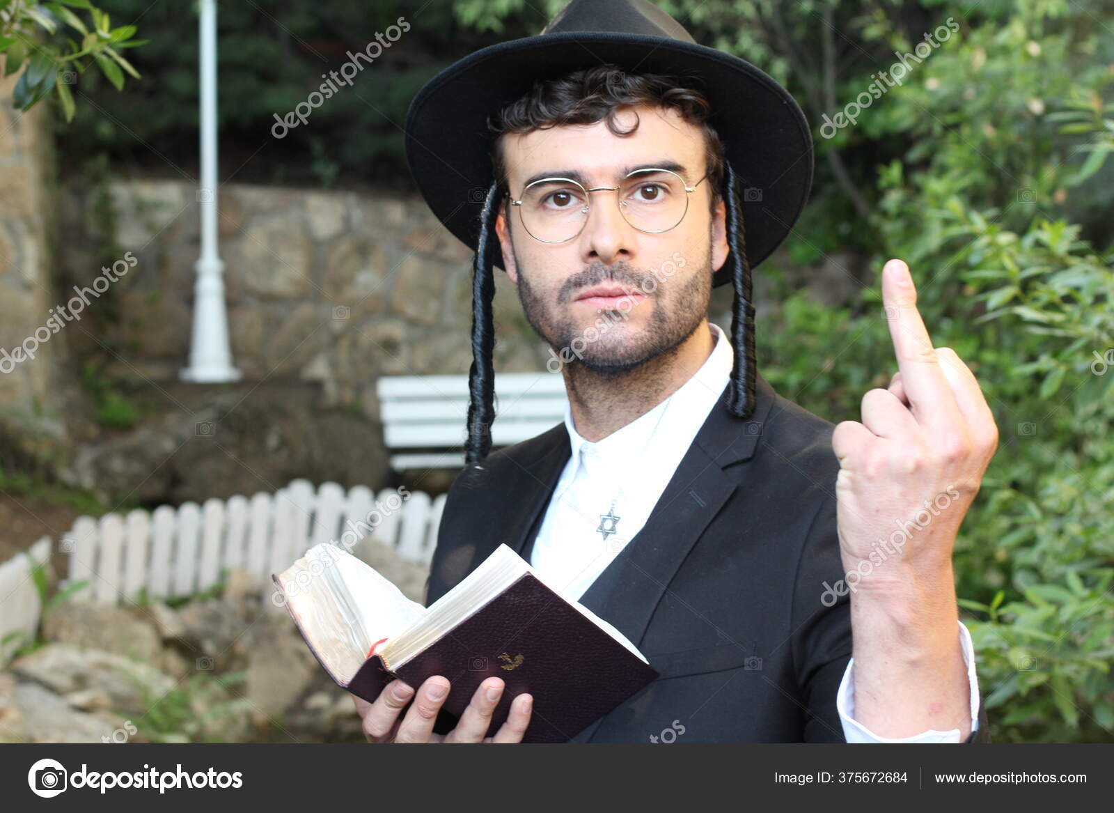 Close Portrait Handsome Young Rabbi Traditional Hat Tanakh Showing