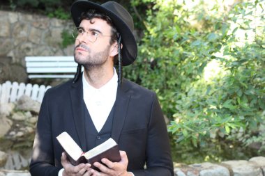 Geleneksel şapkalı yakışıklı hahamın doğal arka planda Tanakh ile yakın plan portresi.