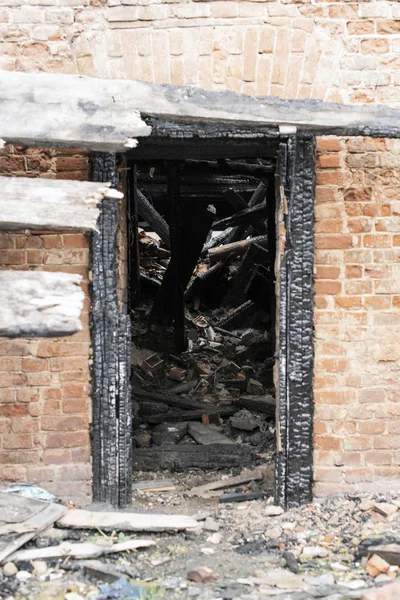 Doorway Burnt Old Brick House Burnt Wooden Beams — Stok fotoğraf