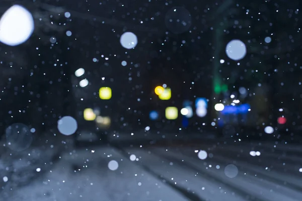 Invierno Fondo Borroso Con Nieve Cayendo Fondo Una Calle Ciudad — Foto de Stock