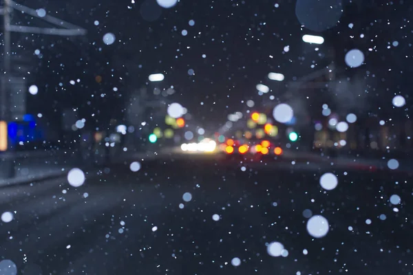 Invierno Fondo Borroso Con Nieve Cayendo Fondo Una Calle Ciudad — Foto de Stock