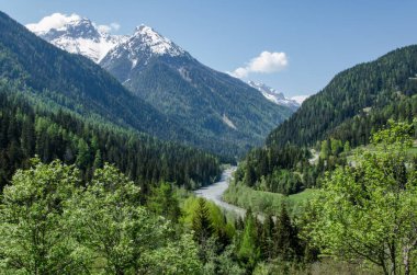 İsviçre 'de Inn Nehri manzarası (Engadin) ve arka planda dağ