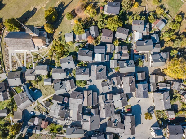 Aerial View Tiny Houses Rural Village Swiss Mountains — 스톡 사진