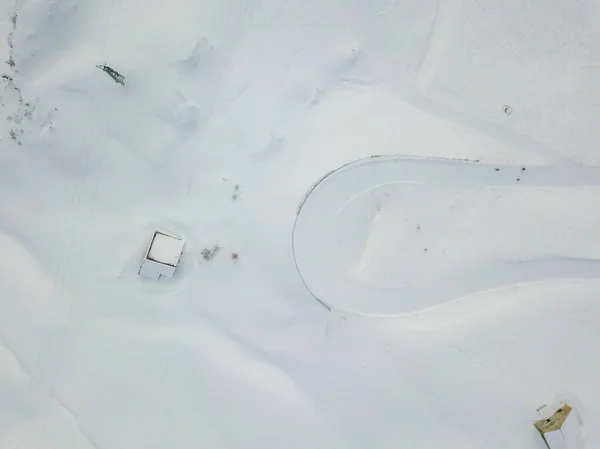 Aerial View Snow Covered Road Curve Used Ski Slop — 스톡 사진
