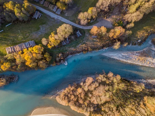 Pemandangan Udara Sungai Malam Hari Sinar Matahari Swiss — Stok Foto