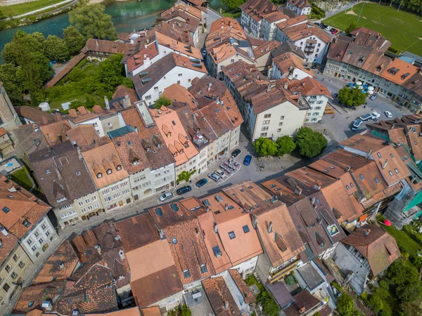 Aerial view of old medieval city of Fribourg in Switzerland