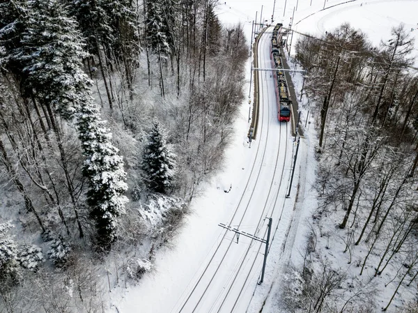 Vista Aérea Ferrovia Através Floresta Inverno Com Árvores Cobertas Neve — Fotografia de Stock