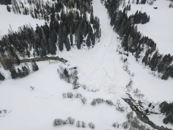 Veduta Aerea Del Fiume Attraverso Foresta Coperta Neve Scena Calma — Foto Stock