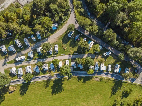 Aerial View Campground Rural Area Europe Many Caravans Concept Adventure — Stock Photo, Image