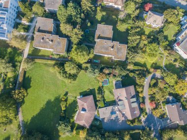 Aerial view of building rooftops in suburban village in Switzerland