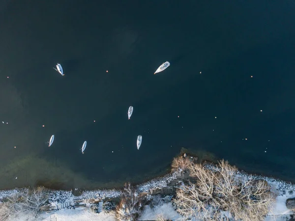 Aerial View Sail Boats Anchored Front Shore Winter — 스톡 사진