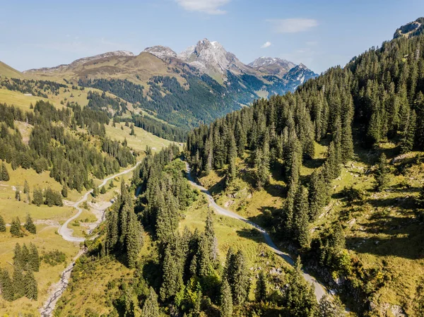Pemandangan Udara Dari Lembah Pegunungan Swiss Warna Gugur Selama Musim — Stok Foto