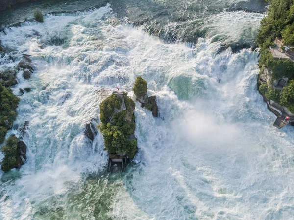Aerial View Rhine Falls Schaffhausen Splashing White Water Turbulent River — Stok Foto