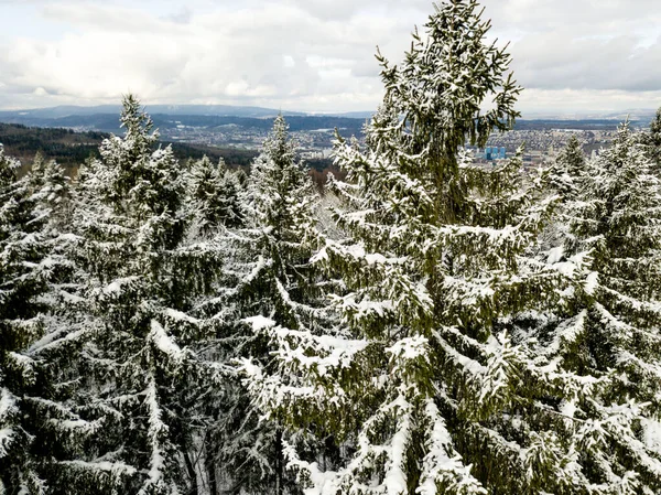Letecký Pohled Zasněženou Zimní Krajinu Venkovském Horském Regionu — Stock fotografie