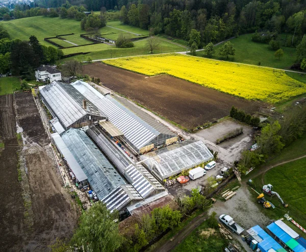 Widok Powietrza Instalację Szklarni Dla Szkółek Roślin Obszarach Wiejskich Dach — Zdjęcie stockowe