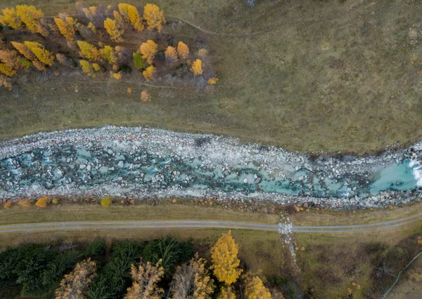 Flygfoto Över Avlägsna Och Vilda Floden Sense Schweiz Vackra Höstfärger — Stockfoto