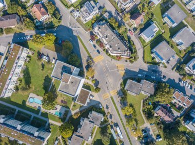 Aerial view of building rooftops in suburban village in Switzerland