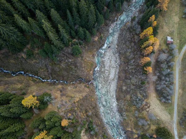 Flygfoto Över Avlägsna Och Vilda Floden Sense Schweiz Vackra Höstfärger — Stockfoto