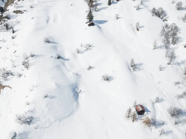 スイスの雪に覆われた風景の中に農家の建物の空中ビュー — ストック写真