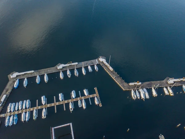 Aerial View Boats Marina Winter Morning — 스톡 사진