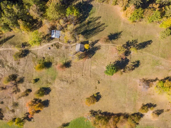 Aerial view of hiking trail in mountaineous area in Switzerland